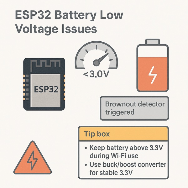 Learn how insufficient battery voltage can lead to ESP32 brownouts, unexpected resets, or Wi-Fi failures, and how to design power systems that ensure reliable operation.