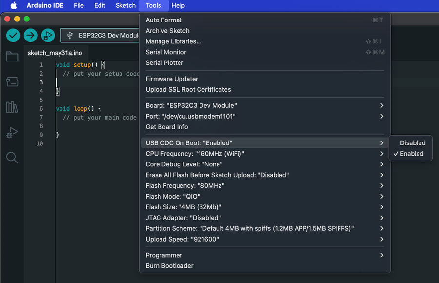 ESP32 Enable CDC On Boot Arduino IDE