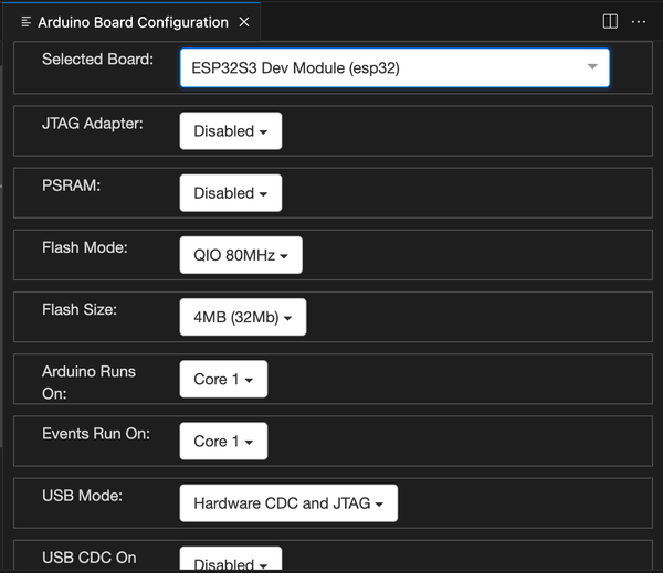 VS Code Arduino Plugin ESP32 S3 Dev Module Selected
