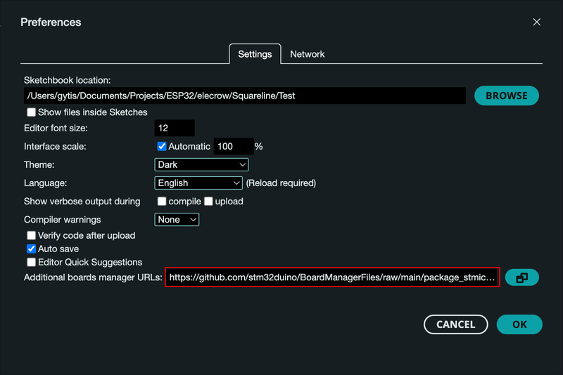 Arduino IDE Additional Boards URLs add STM32