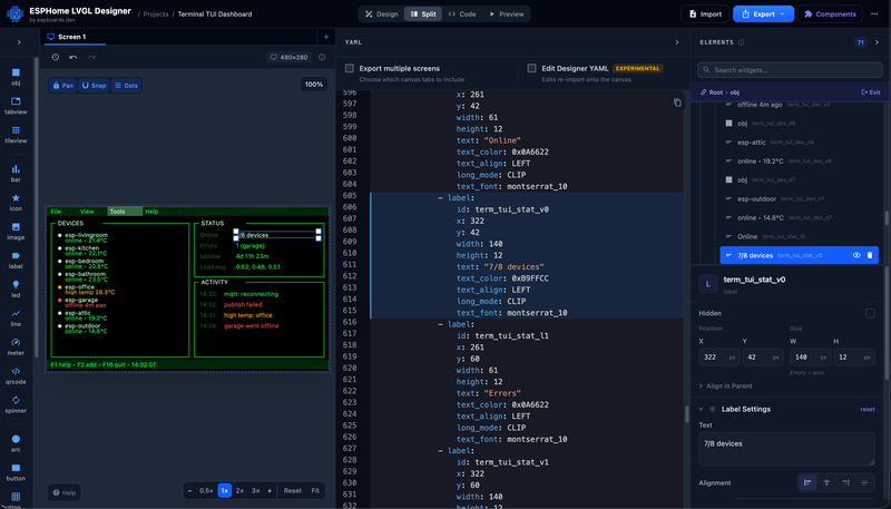 ESPHome LVGL UI Designer Interface (dark)