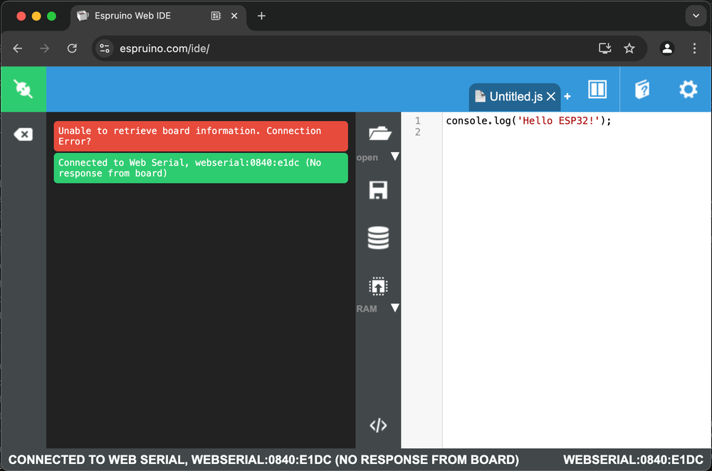 Espruino Unable to retrieve board information. Connection Error?