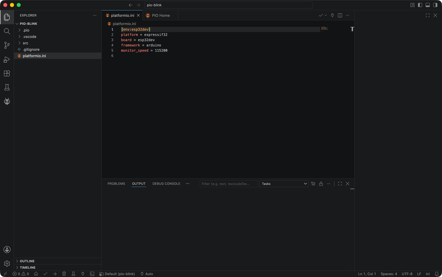 PlatformIO project tree with platformio.ini open