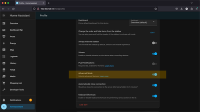 Turning on Advanced Mode in Home Assistant