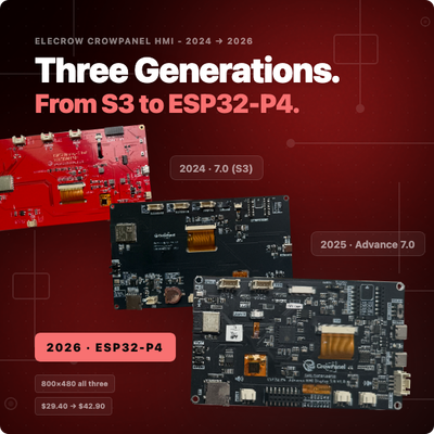 Three generations of Elecrow CrowPanel HMI displays compared - the 7.0, the Advance 7.0 and the new ESP32-P4 Advance 5.0, and what actually changed.