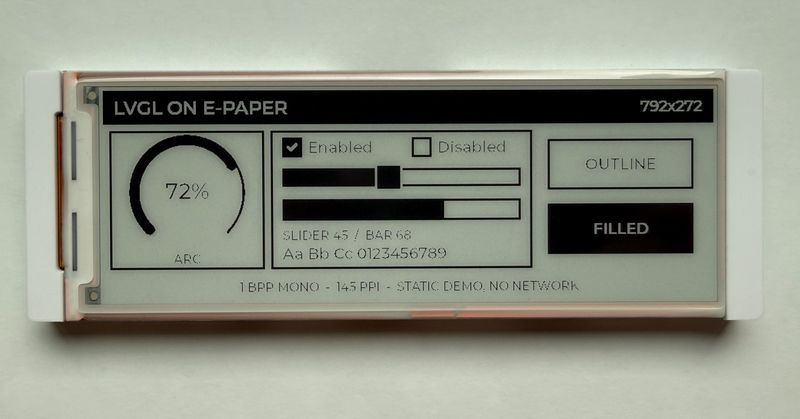 Elecrow CrowPanel 5.79 inch e-paper display running the same LVGL demo page in a wide 792 by 272 layout