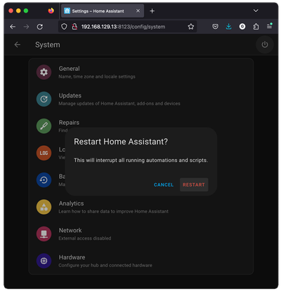 Restarting the Home Assistant through Web UI