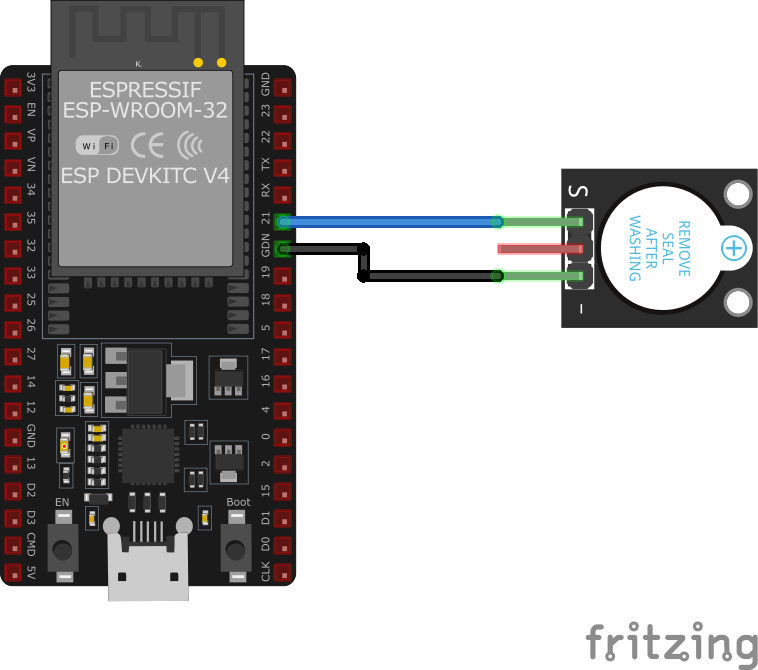 KY-012 Active Buzzer Module wiring with ESP32