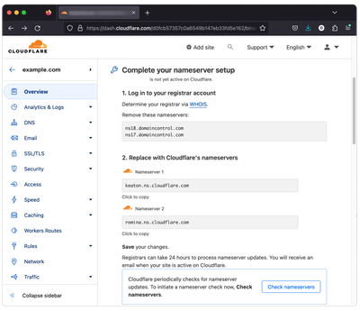 Cloudflare instructions for changing domain's nameservers