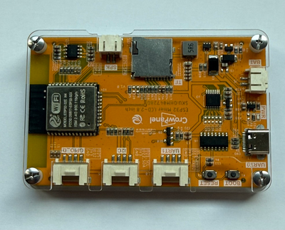 Back of the Elecrow ESP32 Miner with the acrylic case attached, USB-C port visible