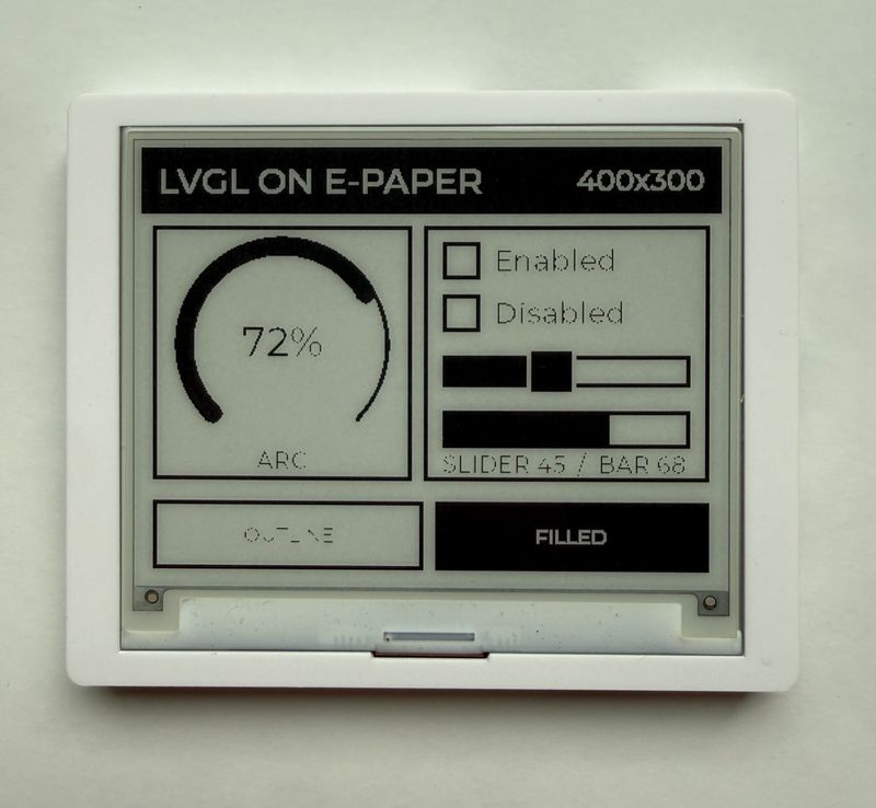 Elecrow CrowPanel 4.2 inch e-paper display running an LVGL demo page with an arc at 72 percent, checkboxes, a slider and a bar, at 400 by 300 pixels