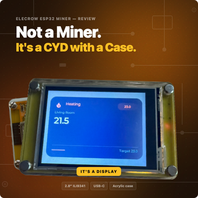 Hands-on review of Elecrow's $15 ESP32 Miner. Same ILI9341 panel as a stock CYD, with USB-C, an included acrylic case, and a few exposed JST headers. Arduino IDE and ESP-IDF starter configs included.