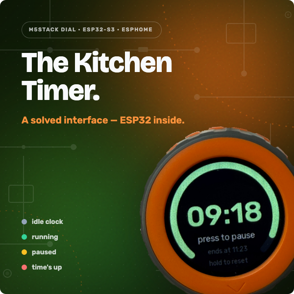 Build a standalone kitchen timer with ESPHome on the M5Stack Dial v1.1: half-minute detents, a state-colored LVGL arc, an idle clock kept by the onboard RTC, and a buzzer that rings until you tap it quiet.