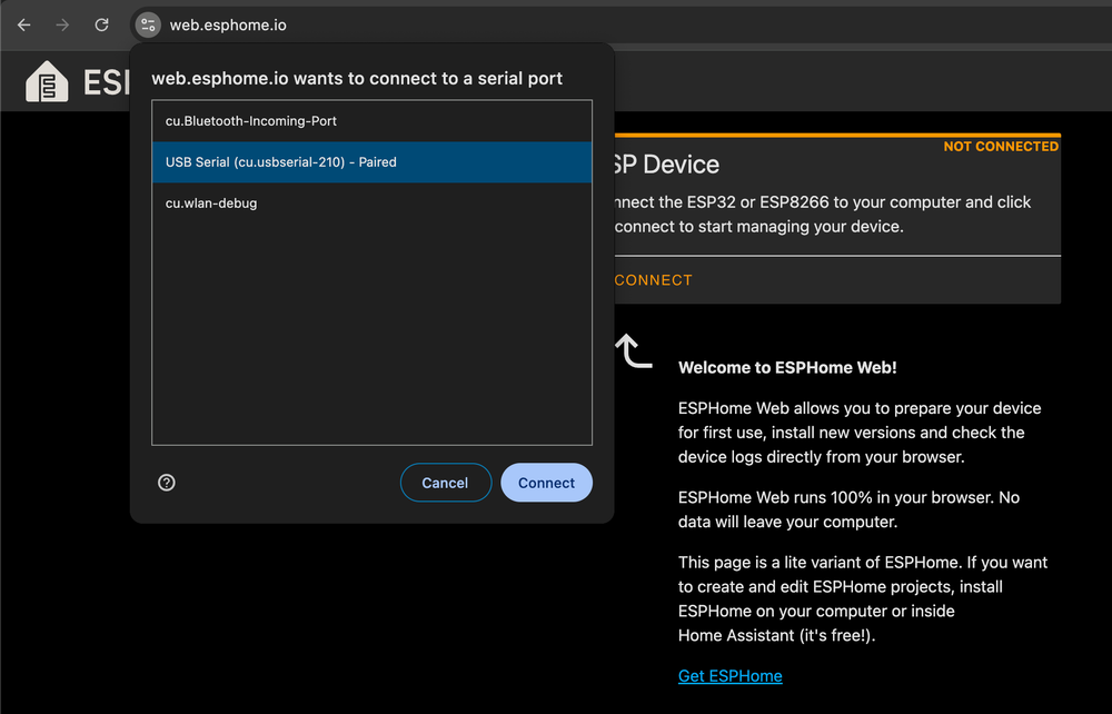 ESPHome Web Installer Connect Device