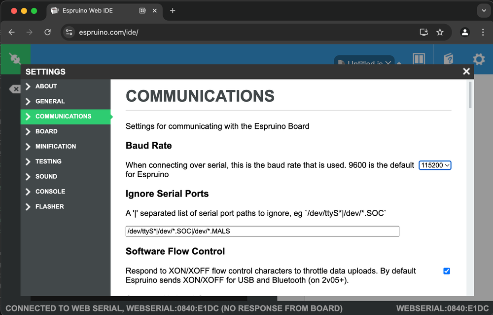 Espruino Changing Baud Rate in Settings