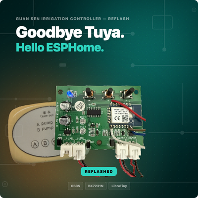 How I reflashed the Guan Sen 2-pump WiFi irrigation kit (Tuya CB3S / BK7231N) with ESPHome via LibreTiny - including the GPIO map, the LibreTiny interrupt quirk, and an auto-off safety timer that actually saves your greenhouse.