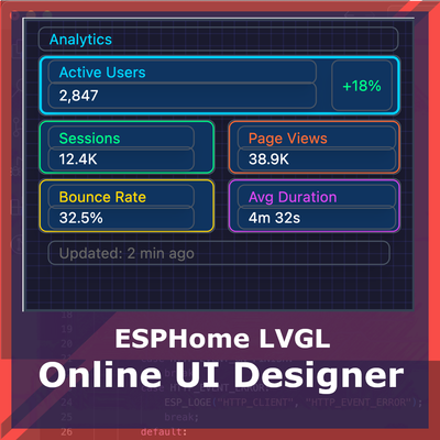 Free web-based drag-and-drop UI designer for ESP32. Create beautiful interfaces with 19+ LVGL widgets, no coding required. Export production-ready YAML for ESPHome.