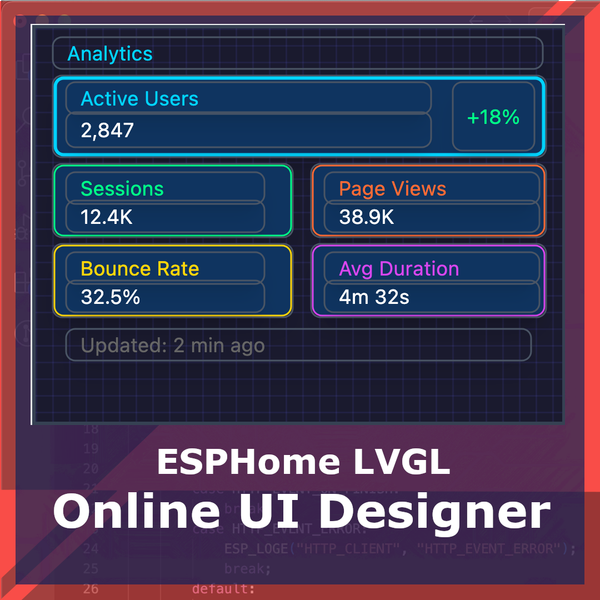 Free web-based drag-and-drop UI designer for ESP32. Create beautiful interfaces with 19+ LVGL widgets, no coding required. Export production-ready YAML for ESPHome.
