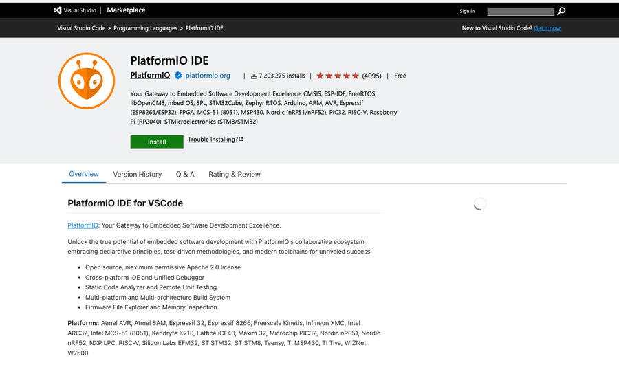 PlatformIO IDE extension on the VS Code Marketplace