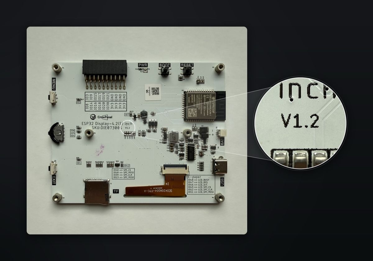 Back of the Elecrow CrowPanel 4.2 inch e-paper board with a magnified inset showing the V1.2 marking silkscreened next to the SKU number