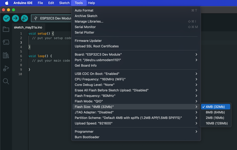 ESP32 Select Flash Size in Arduino IDE