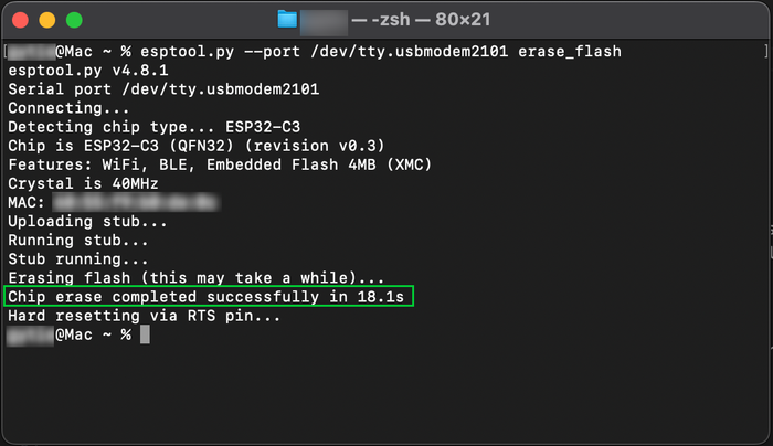 esptool erase flash command result