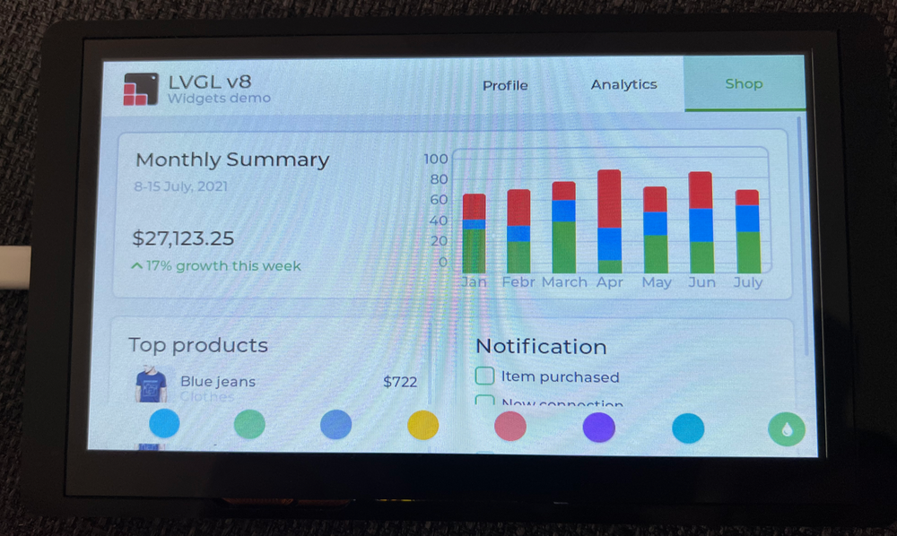 Elecrow CrowPanel 7.0 running the preloaded LVGL v8 widgets demo
