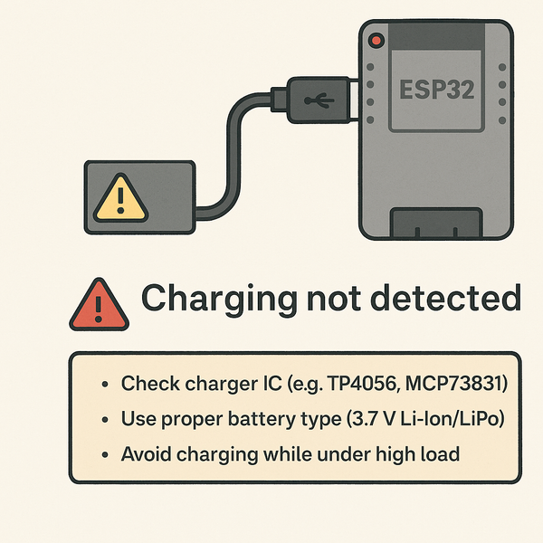 Diagnose and fix problems related to charging batteries on ESP32 boards with built-in Li-Ion/LiPo charge controllers, including overheating, slow charge, or no charge behavior.