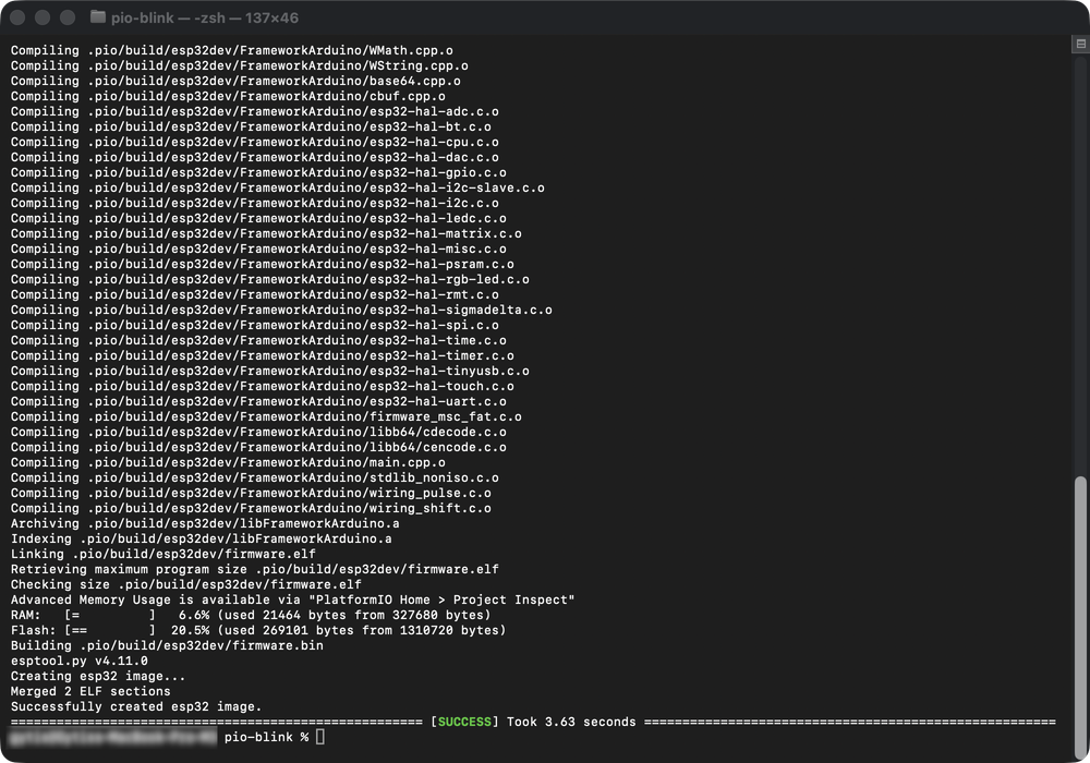 Successful pio run build output ending in SUCCESS