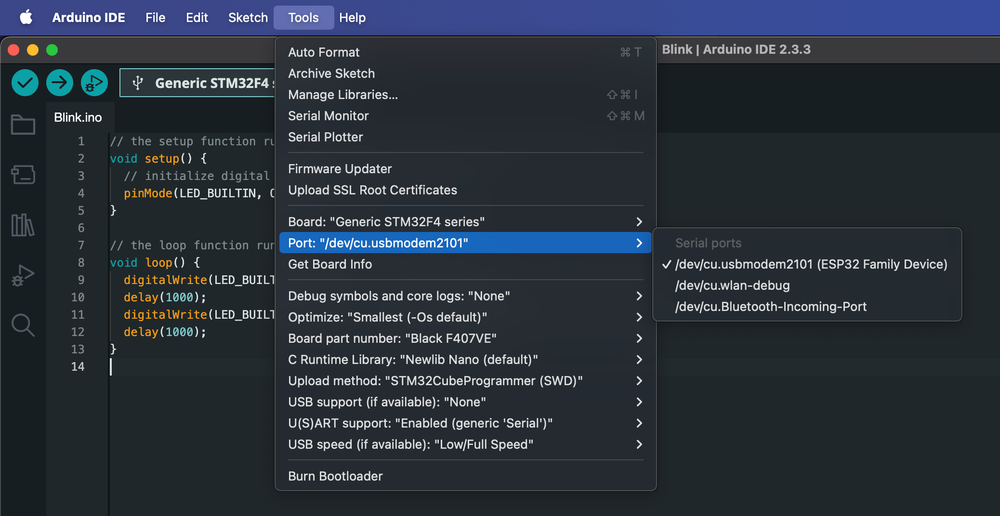 Arduino IDE Select STM32 Board Port