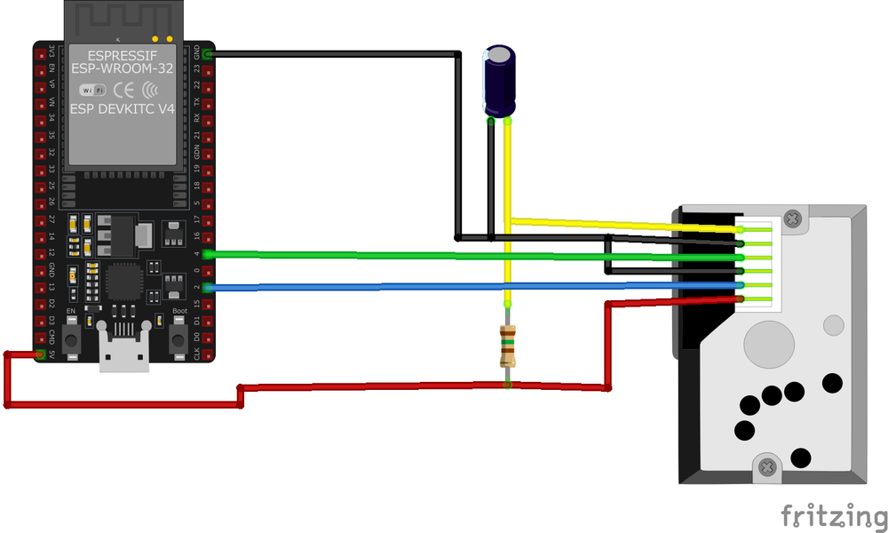 Sharp GP2Y1010AU0F Optical Dust Sensor wiring with ESP32