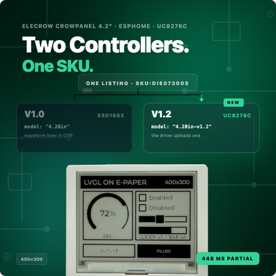 Elecrow ships the CrowPanel 4.2" e-paper with two different controllers under one listing. How we added UC8276C support to our ESPHome component, fixed an inverted panel, and cut refresh from ~3s to 448ms.