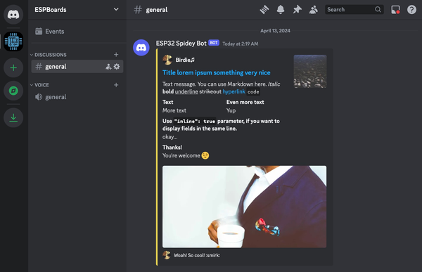 ESP32 Message to Discord Embeds Features Example