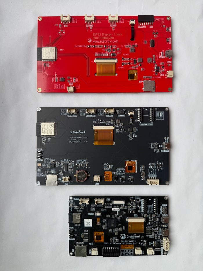 The three Elecrow CrowPanel generations stacked vertically: the CrowPanel 7.0, the Advance 7.0 and the Advance 5.0 ESP32-P4