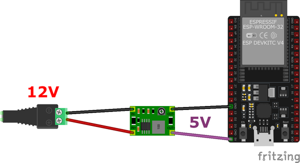 ESP32 wired with Mini360 buck converter from 12V power source