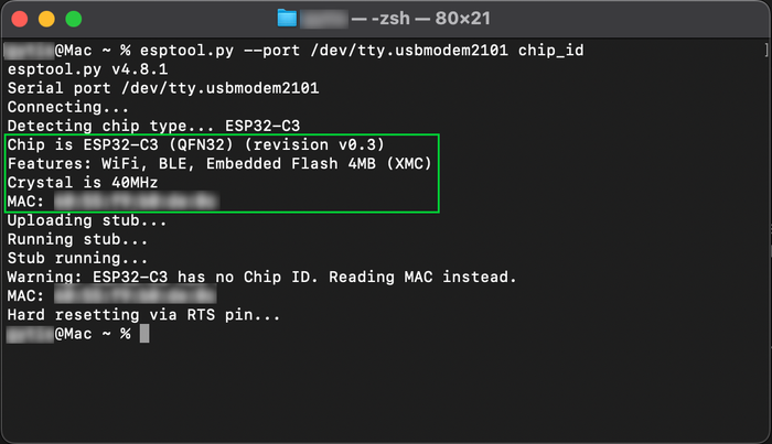 esptool chip info command result