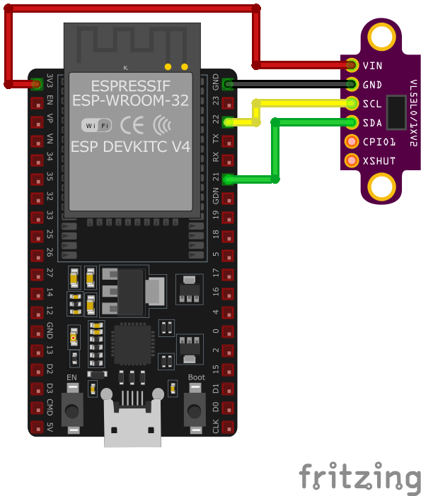VL53L0X V2 Time-of-Flight Sensor wiring with ESP32